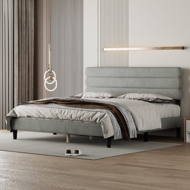 King Size Channel-tufted Upholstered Platform Bed - LIGHT GREY