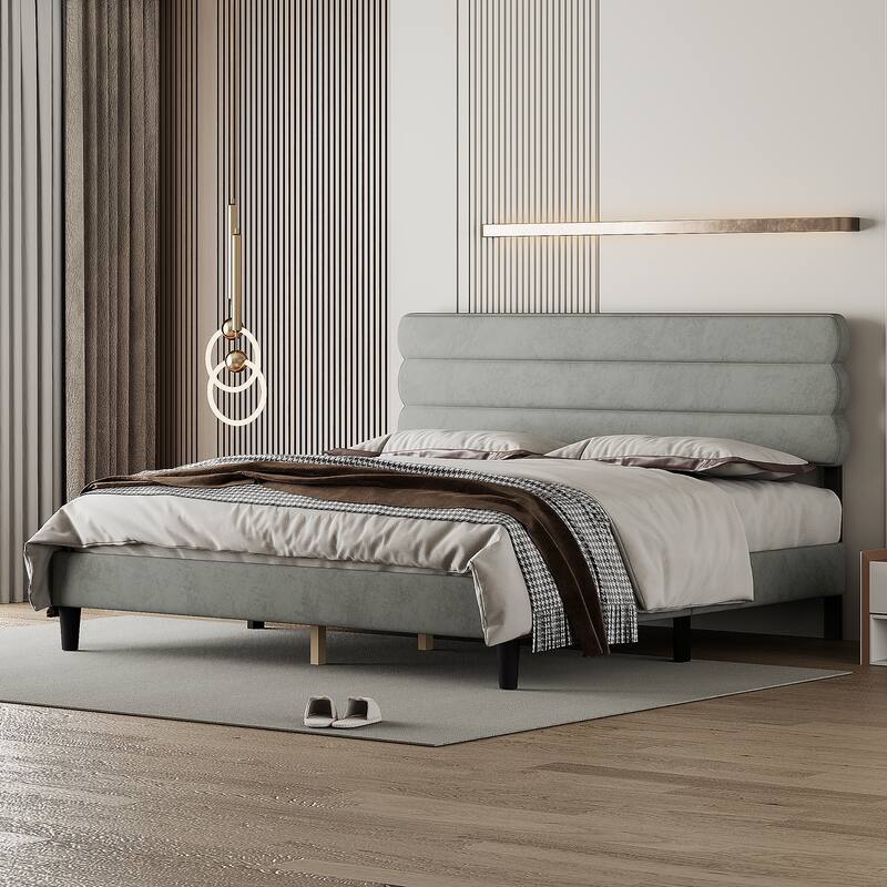 King Bed Frame with Headboard,Sturdy Platform Bed with Wooden Slats Support,No Box Spring,Mattress Foundation,Easy Assembly - LIGHT GREY