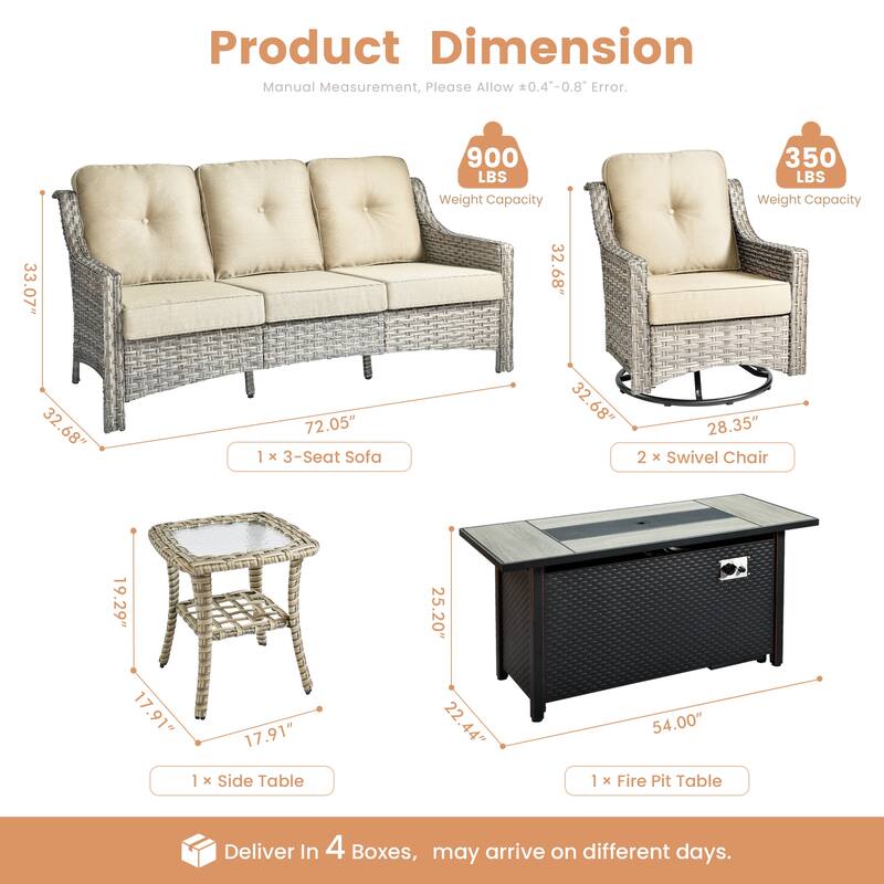 XIZZI 5-Piece Wicker Patio Furniture Set with Sofa, Swivel Chairs & Fire Pit