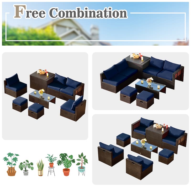 Gymax 8 PCS Outdoor Wicker Furniture Set w/Storage Box Tempered Glass