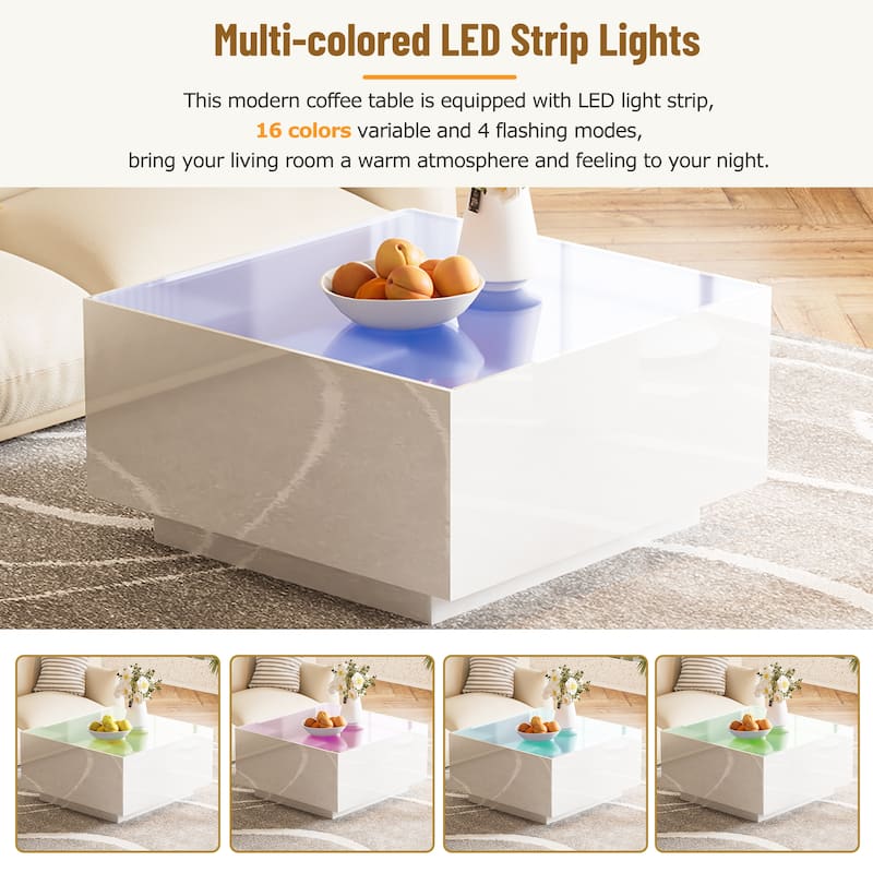 Modern Square High Glossy Coffee Center Table with 16-color LED Strip Lights