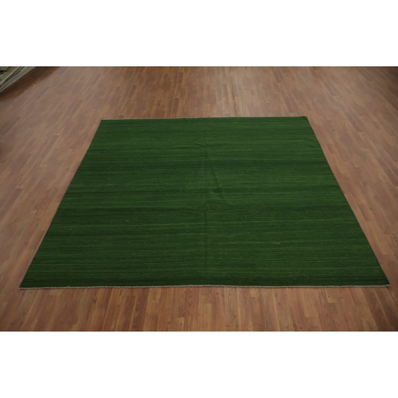 Hand Woven Oriental 100% Wool Carpet Modern Solid Green Kilim Area Rug - 8' 1'' X 8' 3''