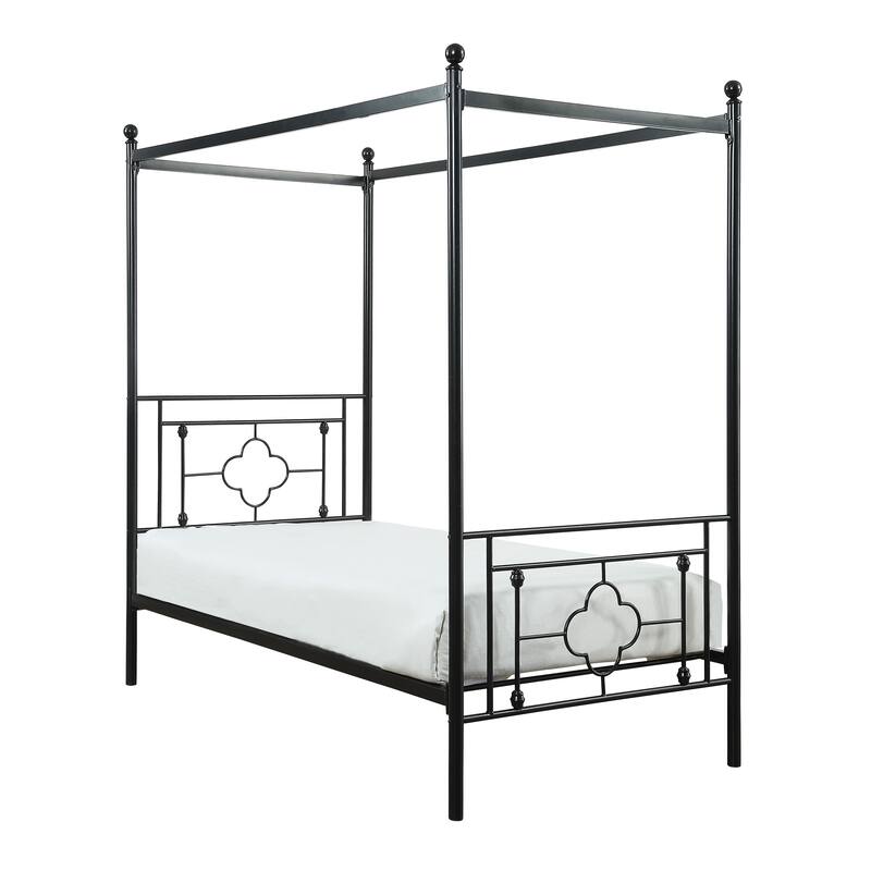 Twin Size Metal Canopy Bed with Ball Finials and Quatrefoil Design - Black