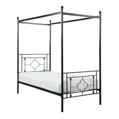 Twin Size Metal Canopy Bed with Ball Finials and Quatrefoil Design