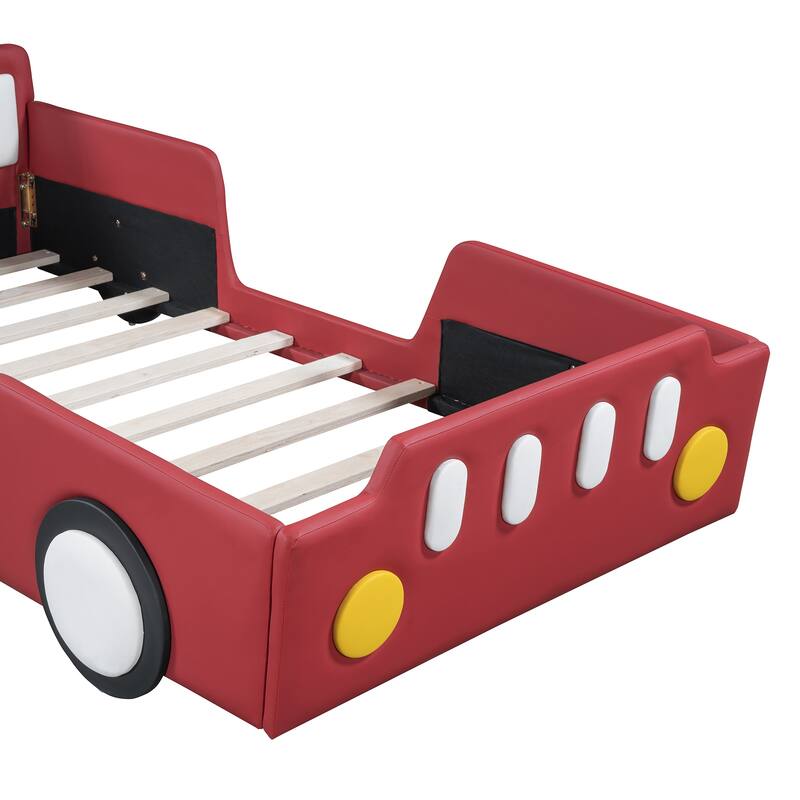 Red Twin Size Race Car-Shaped Platform Bed with Wheels