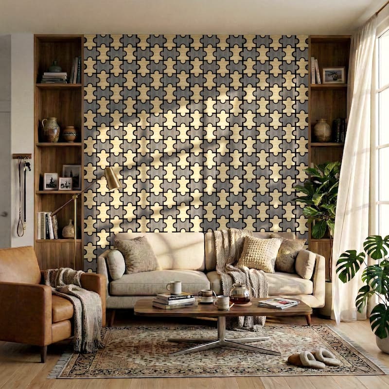 23.6" x 23.6" Puzzle Slat Acoustic Wall Panels for Ceiling and Wall Decor, 4-Pack (15 sq ft) - Grey＆Oak