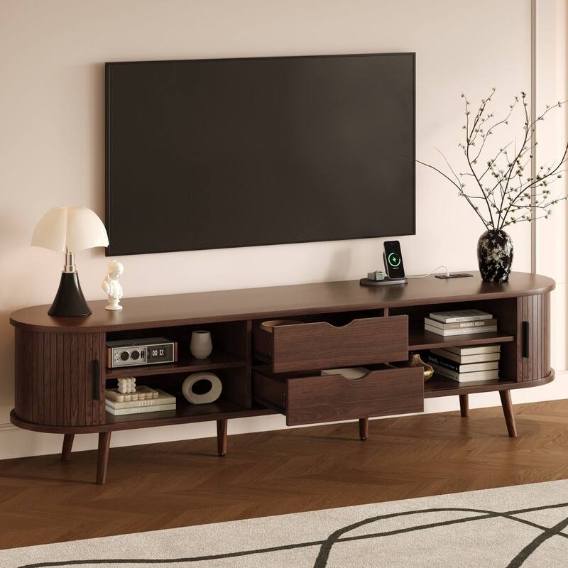 Mid Century Modern 70" TV Stand for TVs Up to 80", TV Consoles with 2 Doors, 2 Drawers and Power Outlet for Living Room, Bedroom