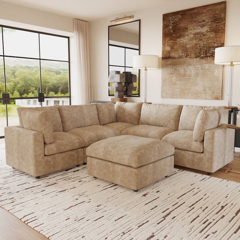 Cloud Couch Modular Sectional Sofa,100.5" V Shaped Couch,5 Seater for Living Room Set,Covers Washable&Replaceable - V Shaped Khaki+ Ottoman