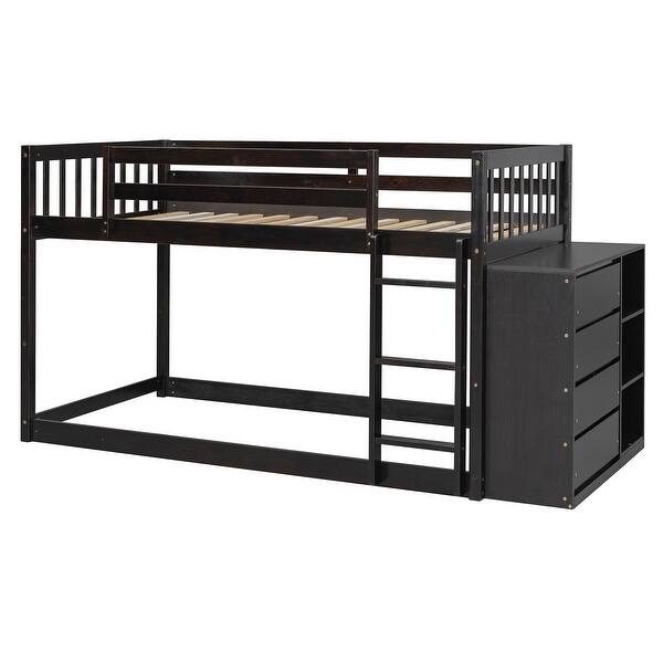slide 2 of 14, Twin Over Twin Wood Floor Bunk Bed with 4 Drawers & 3 Shelves,Espresso Espresso - Twin