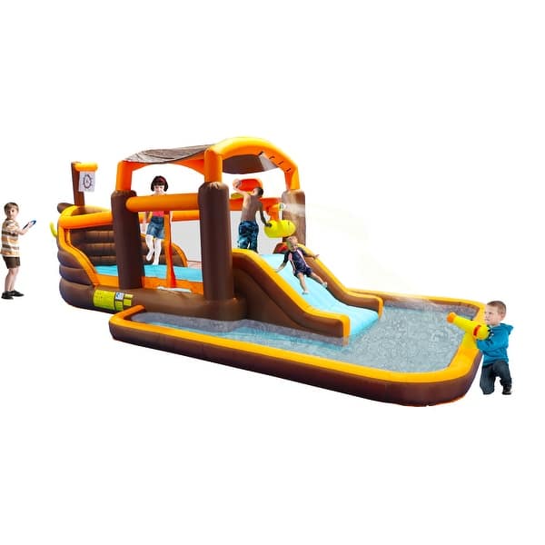 slide 2 of 9, Inflatable Big Bounce House Playground Features a Cruise Ship Design and Includes a Slide, Splash Pool, Basketball Hoop Kids