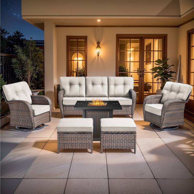 Pocassy Outdoor 30 In Fire Table with Sofa Patio Swivel Chair Set - Brown Wicker Beige Cushion - 8-Piece Sofa Swivel Chair Ottoman with Fire Table