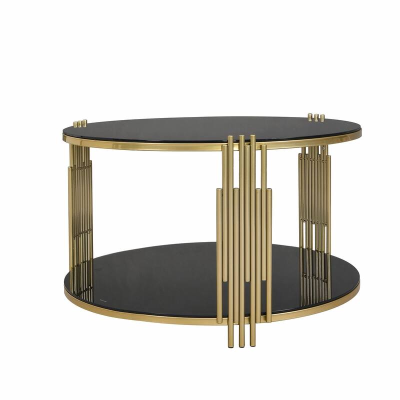 Modern Black Mirror Coffee Table with Asymmetrical Metal Base, Circular Drum Base and Lower Shelf