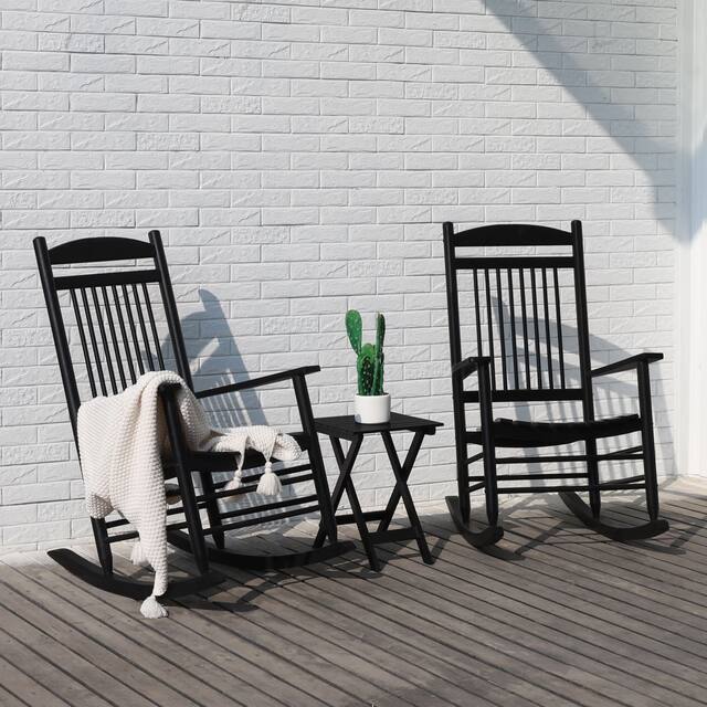 VEIKOUS 3-Piece Wooden Outdoor Rocking Chair Set with Foldable Side Table - Black