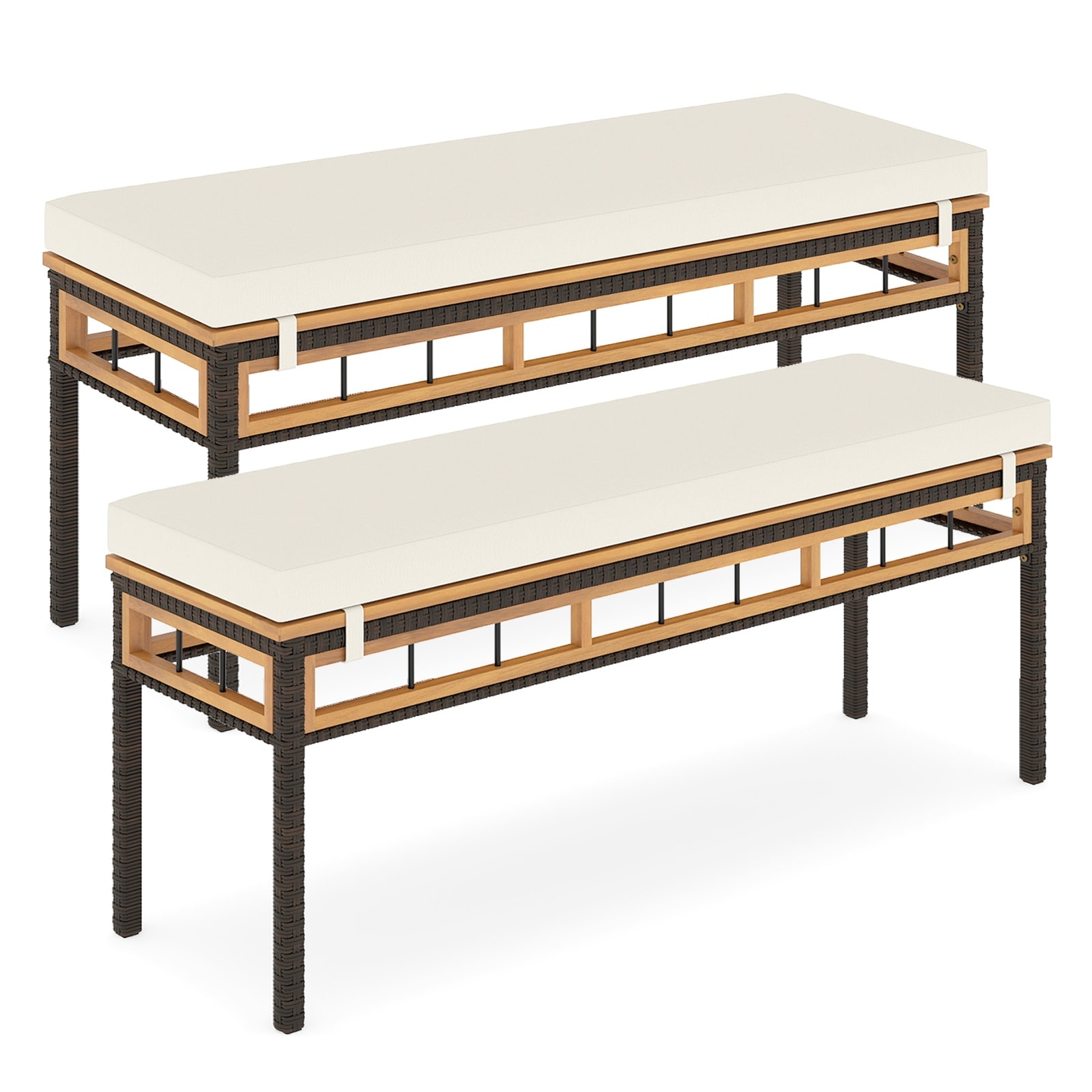 Gymax 2PCS 48'' Wicker Patio Bench w/Acacia Wood Seat Removable Padded