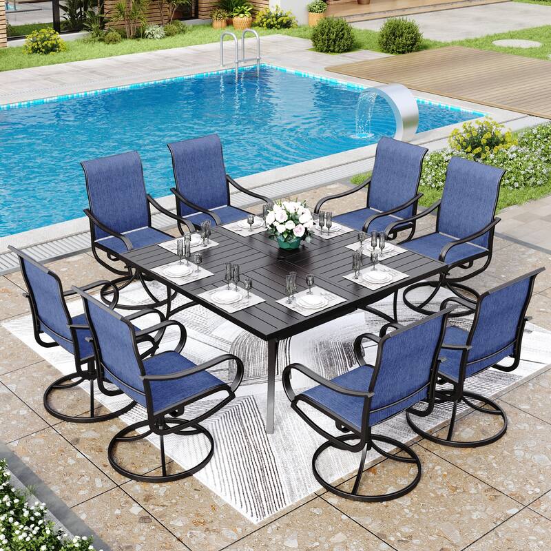 MAISON ARTS 9 Pieces Patio Dining Set, 60 Inch Square Metal Table and Sling Dining Chairs - Non-Padded Navy