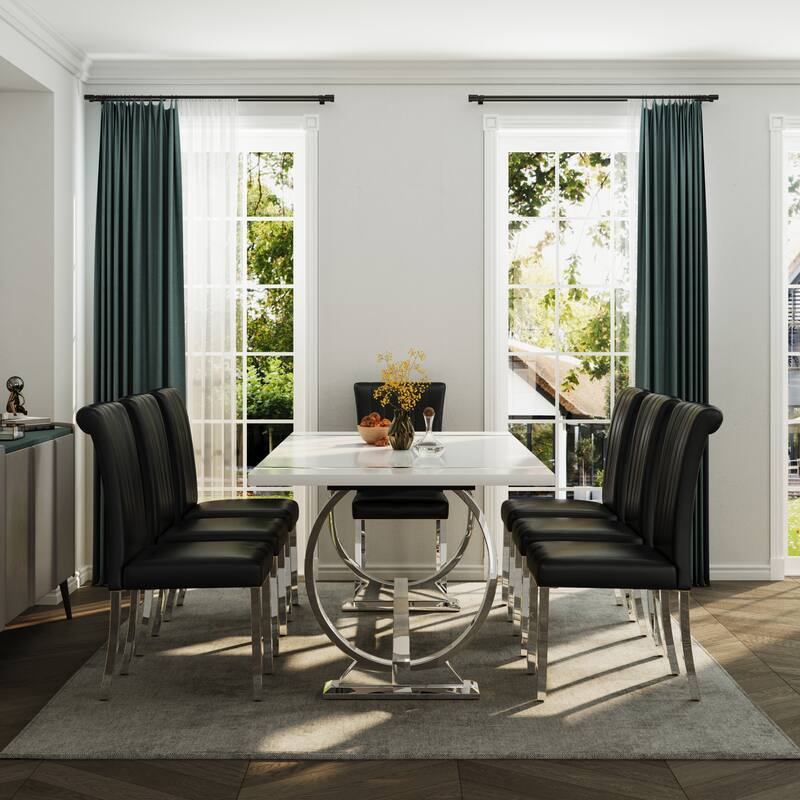 Luxury PU Leather Parsons Dining Chairs Side Chairs with Rolled Back and Stainless Steel Legs