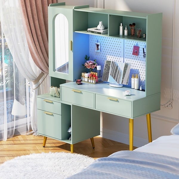 Makeup Vanity with Pegboard and Hutch, Bedroom Vanity Table with Charge  Station and LED Light - Bed Bath & Beyond - 40946272