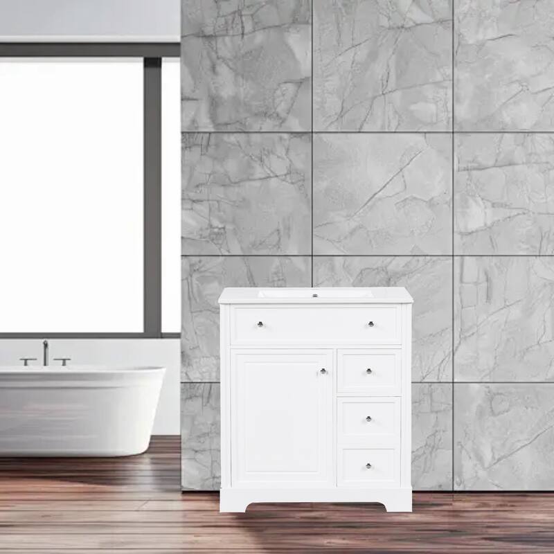 30" Freestanding Bathroom Vanity with Sink, Cabinet & Two Drawers, Water-Resistant Painted Finish - White