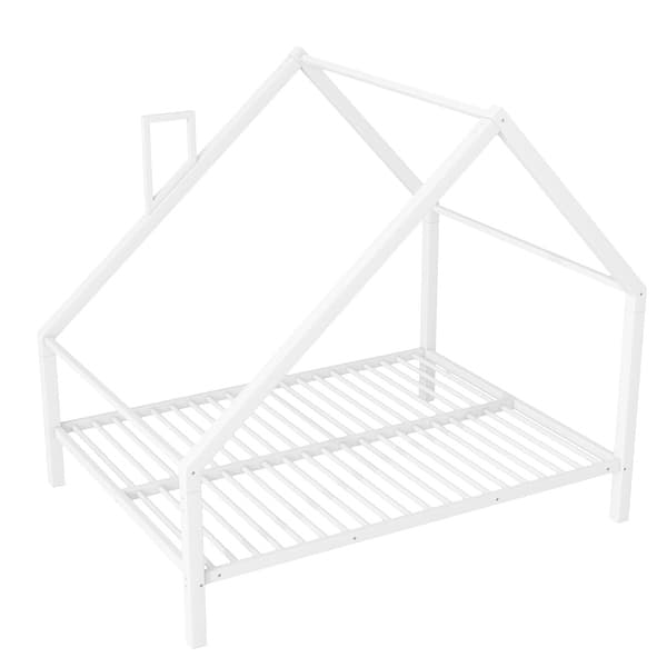 slide 2 of 9, Full Size Metal House Platform Bed Frame with Roof and Chimney for Boys Girls Kids Adults Toddler, No Box Spring Required White White - Full
