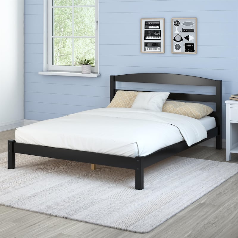 Solid Wood Platform Bed with Open Panel Headboard and Square Block Legs