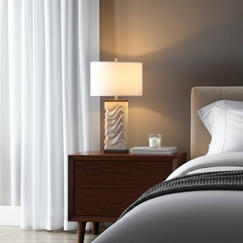 Stone Non-Woven Fabric Table Lamp Sculpted Wave Base - 30" White - 17" x 17" x 30"