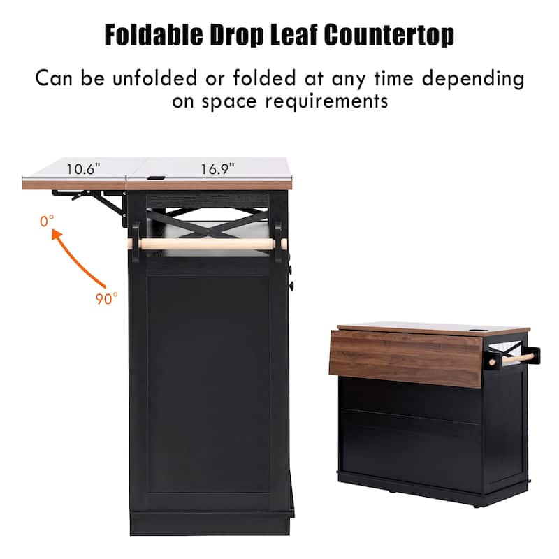 46.5'' Farmhouse Kitchen Island with Drape of Beads, Power Outlet, Rolling Kitchen Cart on Wheels with Drop Leaf, 3 Drawers