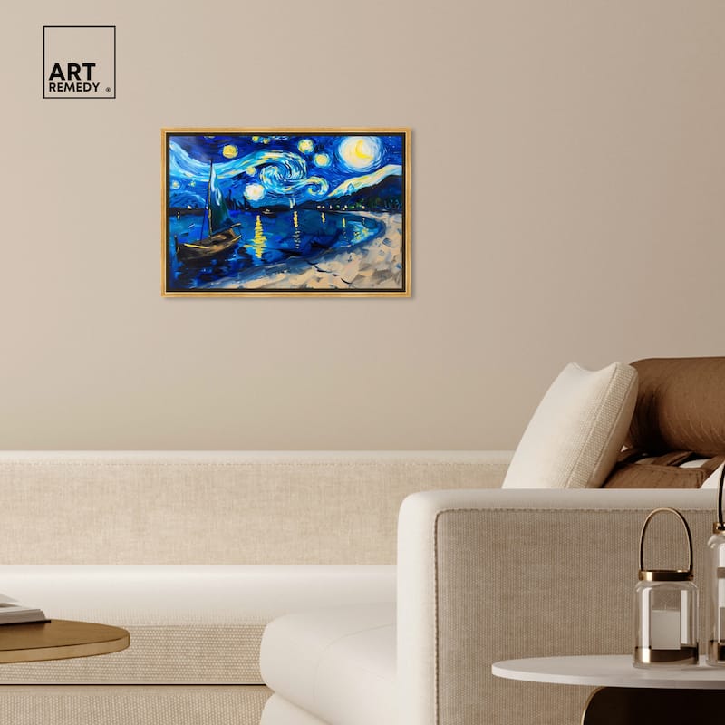 Art Remedy Whimsical Night Sail Framed Impressionism 1 Piece Canvas Wall Art /Monet And Van Gogh Inspired Art