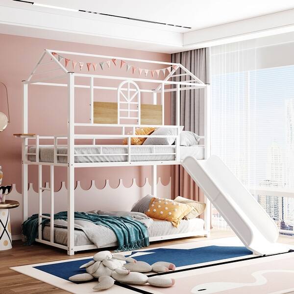 slide 2 of 46, Elegant Twin Over Twin Kids Bed Metal Bunk Bed,Metal House Ded with Slide,Sturdy Frame and Guardrail White