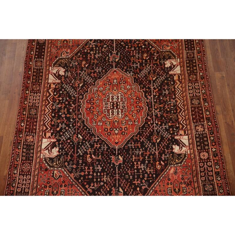 Black Tribal Shiraz Persian Vintage Area Rug Handmade Wool Carpet - 5'4"x 8'0"
