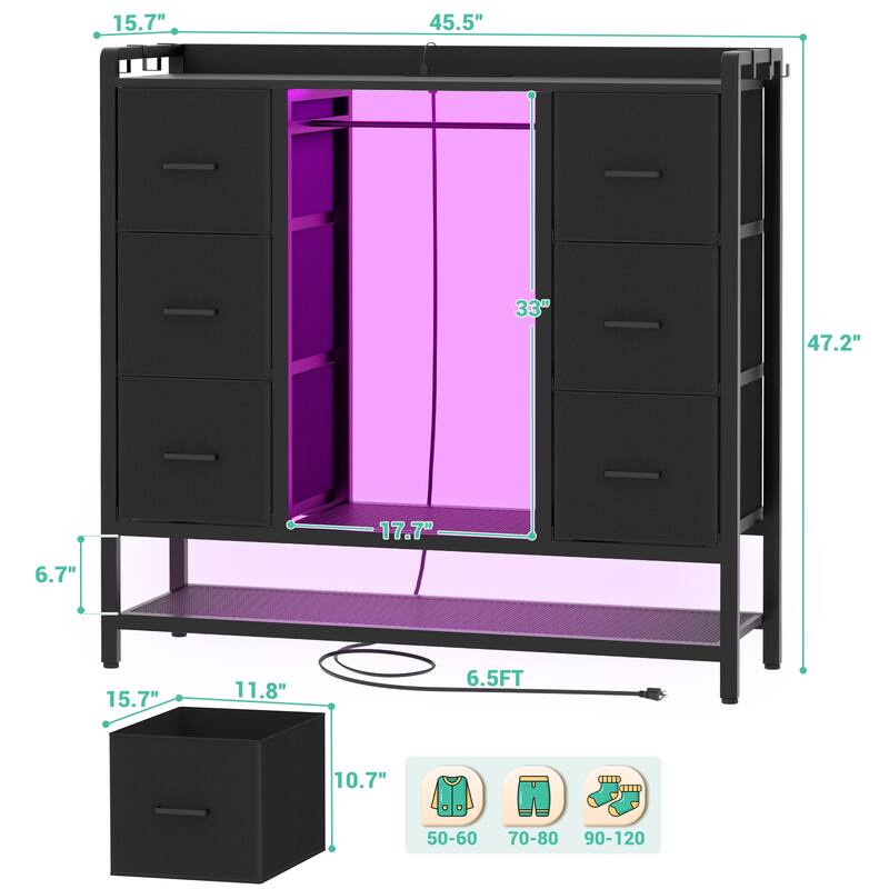 6 Drawers Kid's Dresser with LED Light, Closet Organizer with Hanging Rods and Shoe Rack