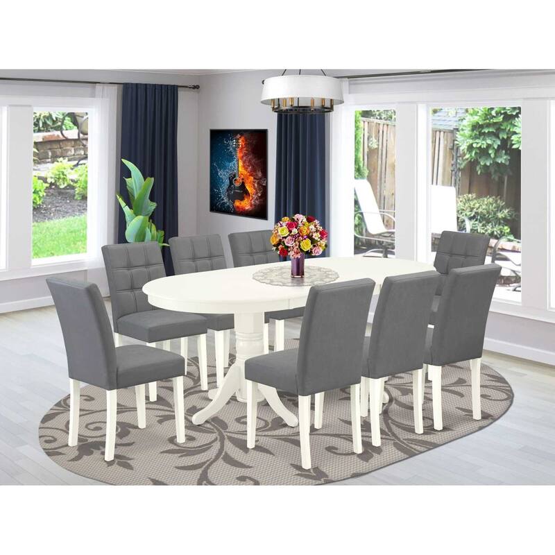 Modern 9 Piece Dining Set - Oval Table & 8 Chairs - Linen White Kitchen Set