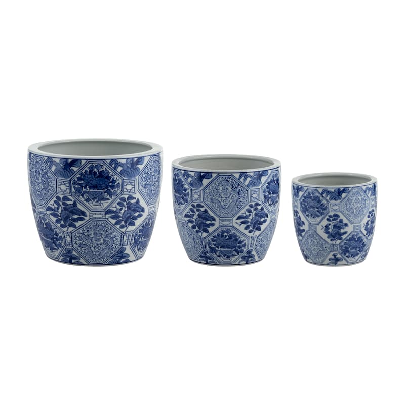 Set of 3 Ceramic Planters Contemporary Vintage Style Blue and White Planters with Chinoiserie Style Design for Home or