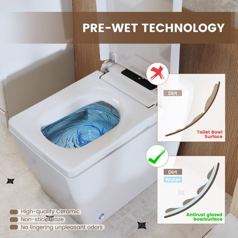 Elongated Smart Bidet Toilet with Foot Sensor, Auto Flush, LED Display, Heated Seat