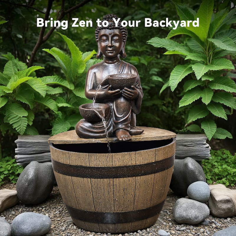Outdoor Polyresin Buddha Fountain – Meditating Statue with Pumped Waterfall, Weather Resistant Yard Decor