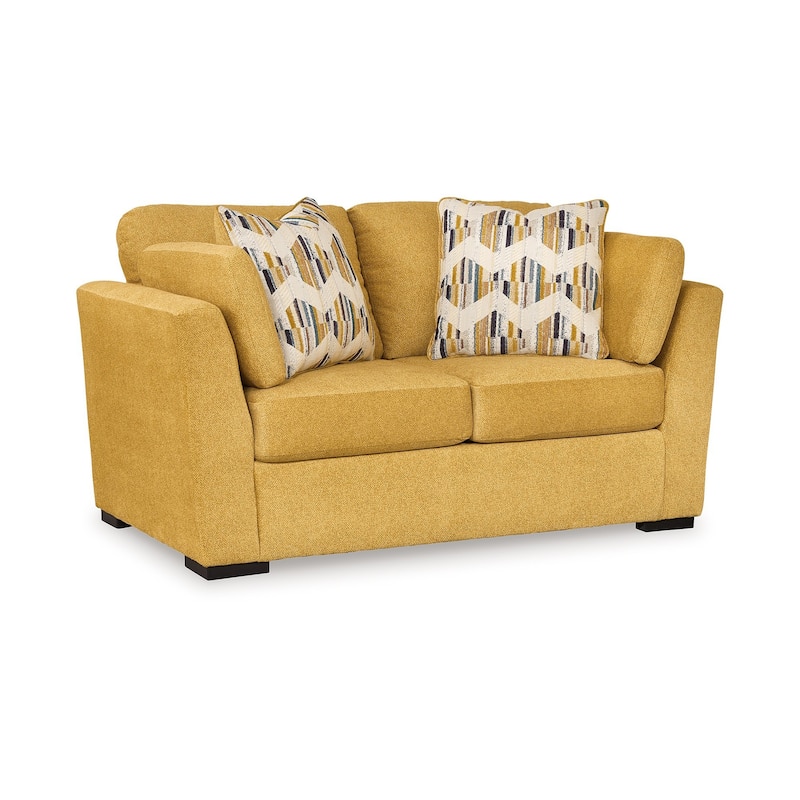 Viena Loveseat, 2 Accent Throw Pillows, Yellow Faux Velvet 68 Inch