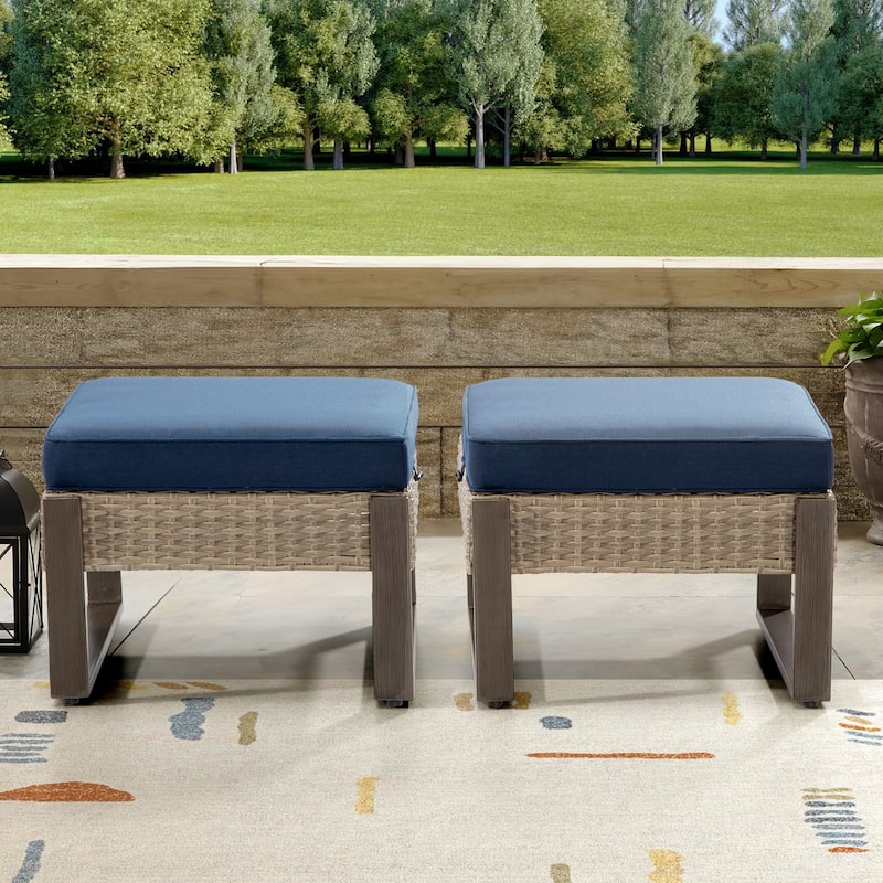 Cozywor 2-Piece Wicker Outdoor Patio Ottoman with Steel Frame and Cushions