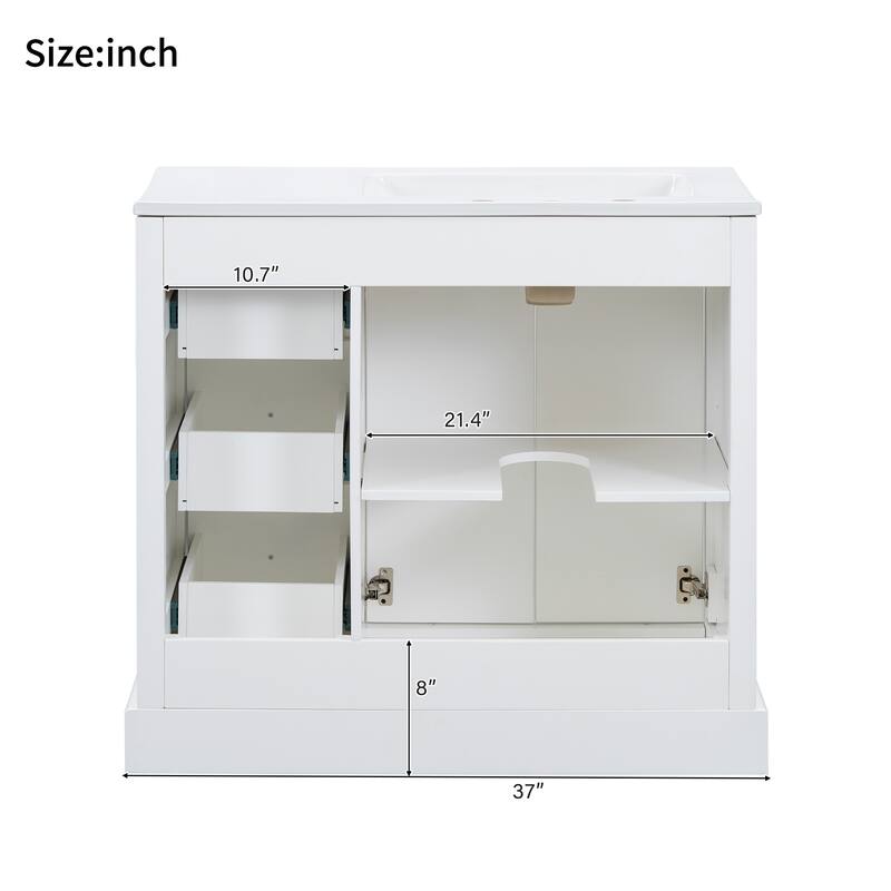 Roomfitters 36" Transitional Bathroom Vanity with Ceramic Sink, 2 Soft-Close Doors, Adjustable Shelf and 3 Drawers