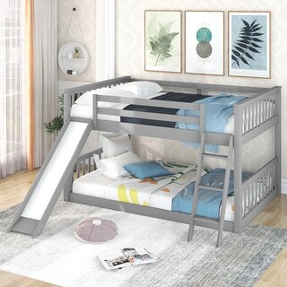 Full over Full Space-saving Low Bunk Bed with Slide and Ladder, Gray