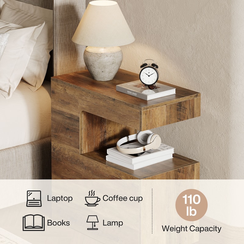 C-Shaped End Table, Couch Side Table with 2-Tier Storage Shelf