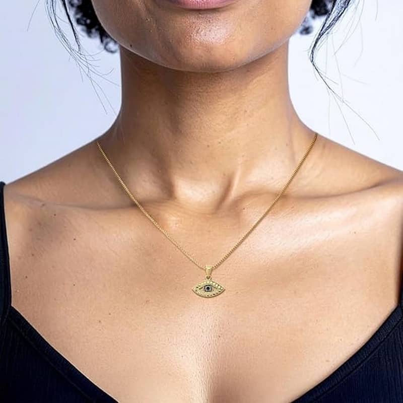Curata 14k Yellow Gold 18" Diamond-cut Enamel Small Evil Eye Necklace - 14x15mm