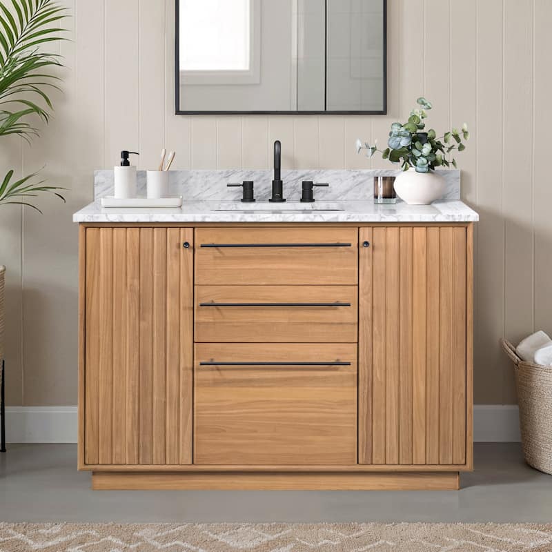 Avanity Parker Bathroom Vanity in Natural Teak with Carrara White Marble Top - 49" Single Sink