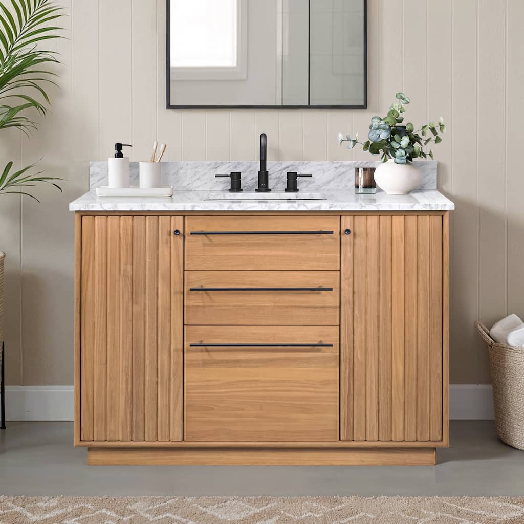 Avanity Parker Bathroom Vanity in Natural Teak with Carrara White Marble Top