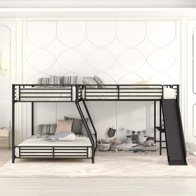L-Shaped Twin over Full Bunk Bed with Twin Size Loft Bed, Built-in Desk and Slide