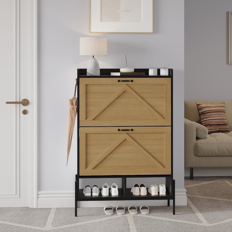 Shoe Cabinet with 2 Flip Drawers and Open Shelves