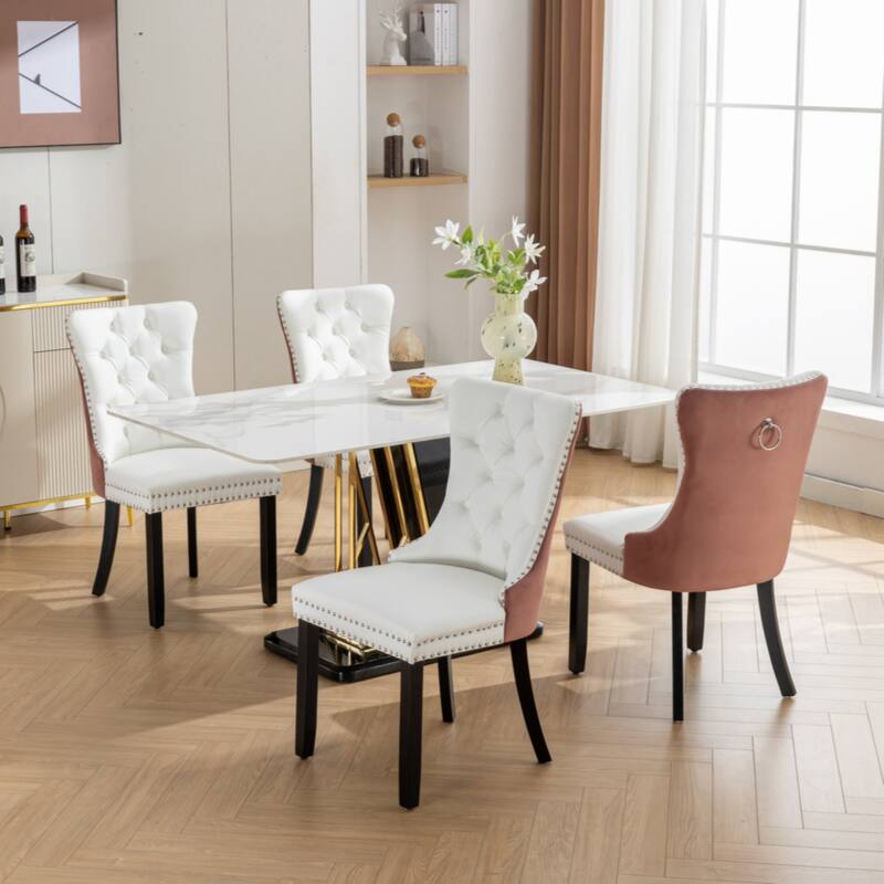 High-end Tufted Solid Wood Contemporary PU and Velvet Upholstered Dining Chair with Wood Legs Nailhead Trim 2-Pcs Set