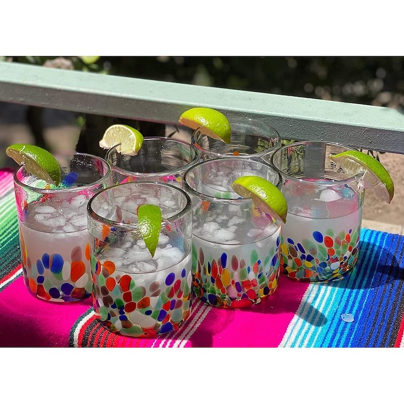 Dos Suenos Hand Blown Mexican Drinking Glasses - Set of 6 Confetti Carmen Tumbler Glasses (10 oz each)