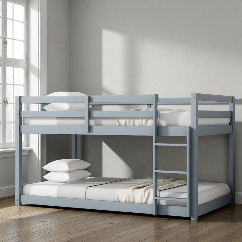 Solid Rubber Wood Twin Over Twin Floor Bunk Bed with Ladder, Low Height Design and Strengthened Slat Support - Grey - Twin