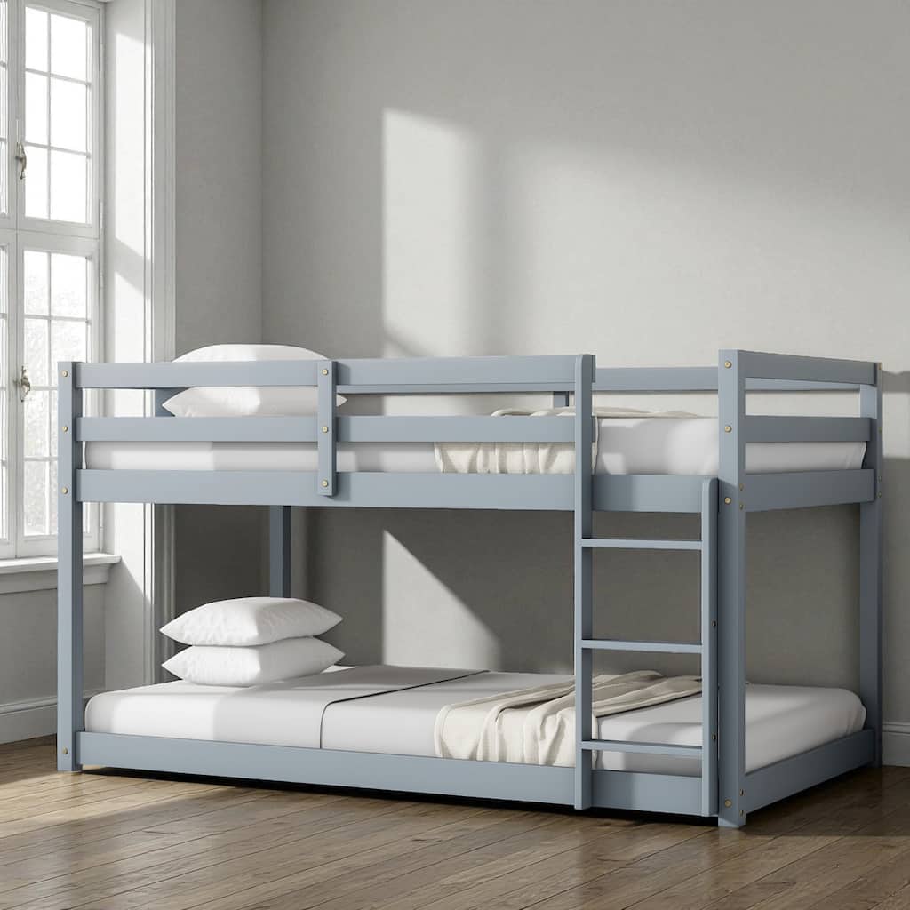 Solid Rubber Wood Twin Over Twin Floor Bunk Bed with Ladder, Low Height Design and Strengthened Slat Support