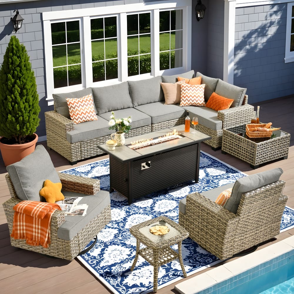 OVIOS 10 Pieces T shaped Seat Wide Armrest Swivel Chair Set With Solar-Powered Table&Fire Pit