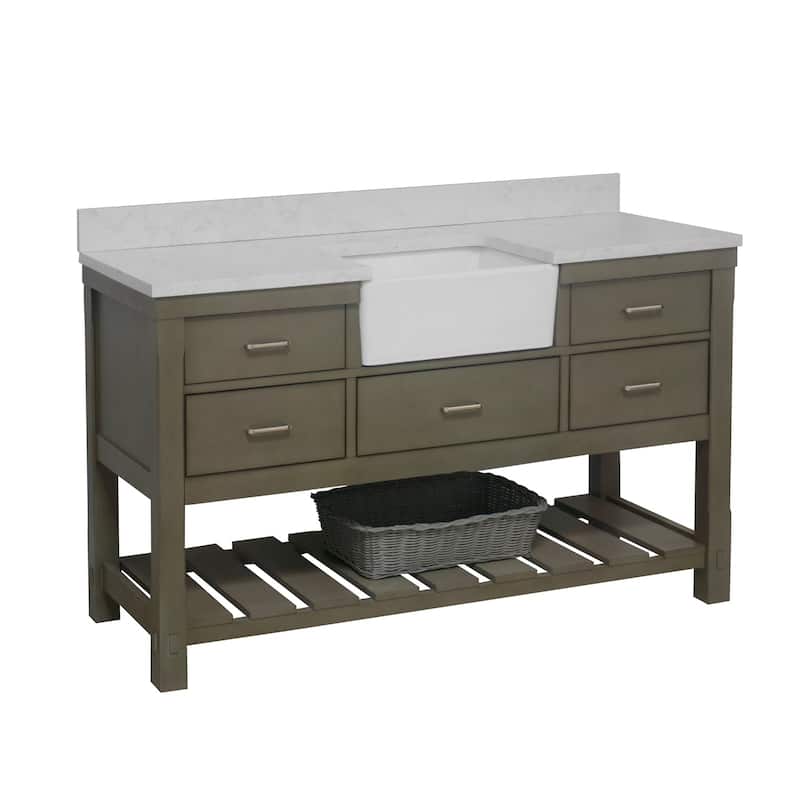 KitchenBathCollection Charlotte 60" Single Farmhouse Bathroom Vanity with Engineered Carrara Top - Weathered Gray